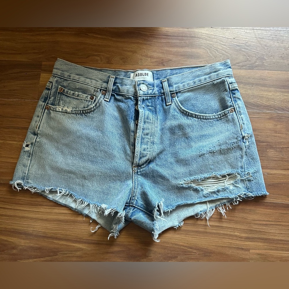Agolde Women's Light Blue Distressed Parker Shorts size 28